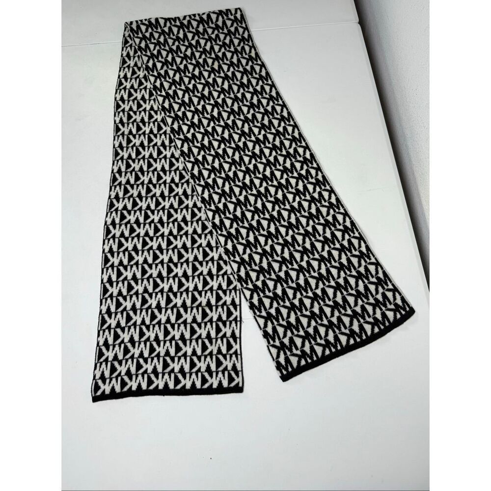 Michael Kors Black & White MK Logo Monogram Signature Knit Scarf 10” X 60”